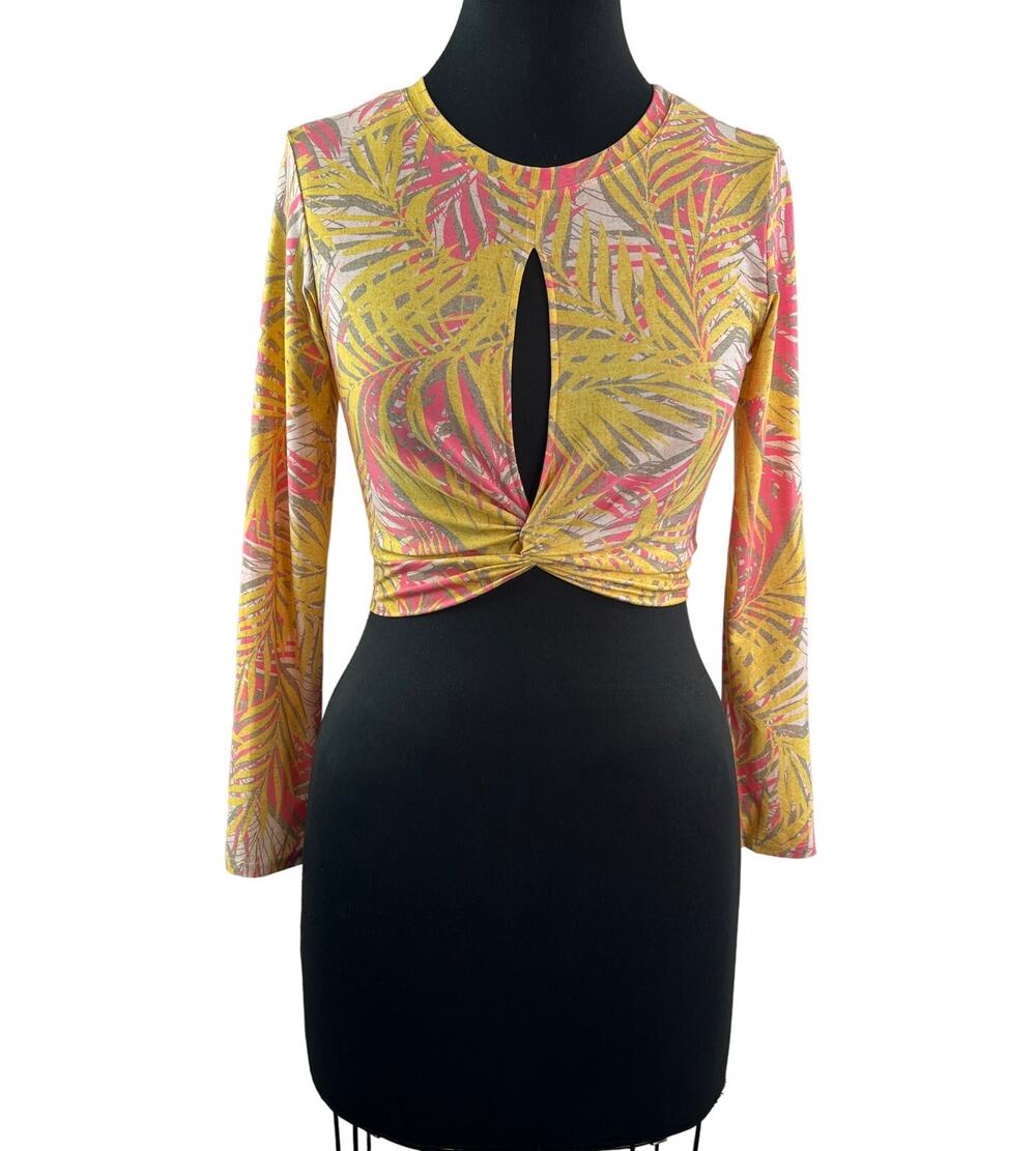 RED CARTER Yellow Pink Top Stretch Tropical Split Front Crew Neck Size Small S